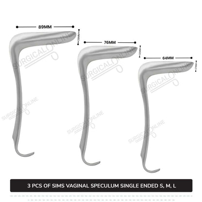 3 Pcs Sims Vaginal Speculum Set, Small, Medium, & Large Single-Ended OB/GYN Instruments