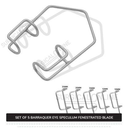 5 Pcs Barraquer Eye Speculum Set S, M, L, XL, & XXL with 2 Closed Wire Fenestrated Blades Ophthalmic Instruments