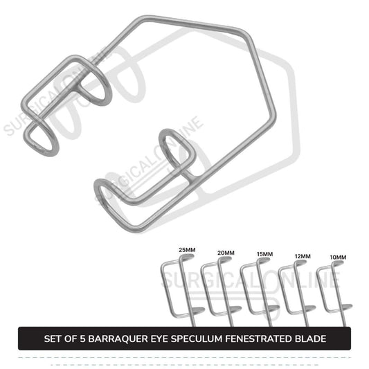 5 Pcs Barraquer Eye Speculum Set S, M, L, XL, & XXL with 2 Closed Wire Fenestrated Blades Ophthalmic Instruments
