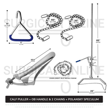 5 Pcs Calf Pulling Set, Ratchet Style Calf Puller with Polansky Speculum, OB Chains and Handles Veterinary Instruments