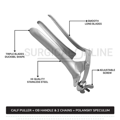 5 Pcs Calf Pulling Set, Ratchet Style Calf Puller with Polansky Speculum, OB Chains and Handles Veterinary Instruments