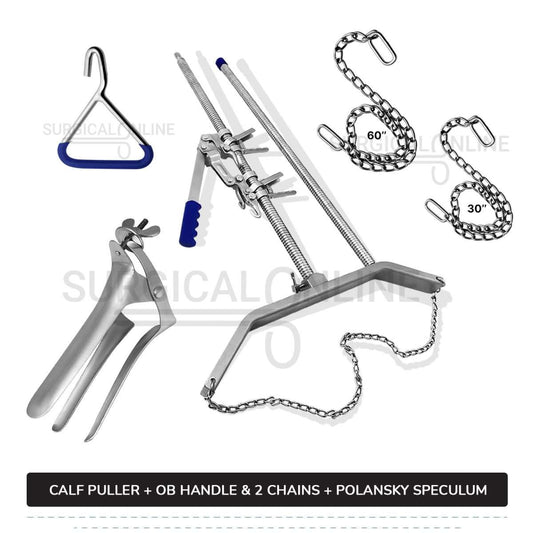 5 Pcs Calf Pulling Set, Ratchet Style Calf Puller with Polansky Speculum, OB Chains and Handles Veterinary Instruments