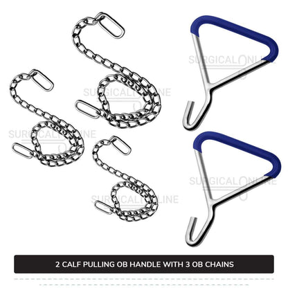5 Pcs Cattle Birth Delivery Set, 3 Calf Pulling OB Chains 30", 45", 60" and 2 Handles Surgical Veterinary Instruments