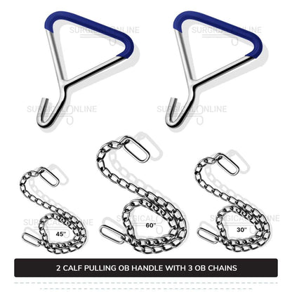 5 Pcs Cattle Birth Delivery Set, 3 Calf Pulling OB Chains 30", 45", 60" and 2 Handles Surgical Veterinary Instruments
