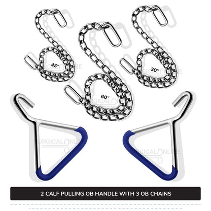 5 Pcs Cattle Birth Delivery Set, 3 Calf Pulling OB Chains 30", 45", 60" and 2 Handles Surgical Veterinary Instruments