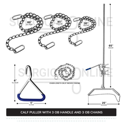 7 Pcs Calf Pulling Set, Ratchet Style Calf Puller with 3 OB Chains and 3 Handles Veterinary Instruments