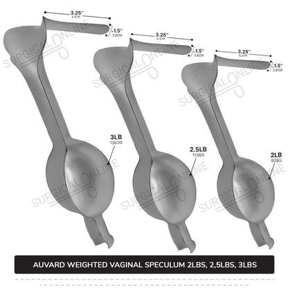 Auvard Weighted Speculums Set of 3 Pcs 2Lbs, 2.50Lbs, & 3Lbs Straight Blade Slightly Angled 75°