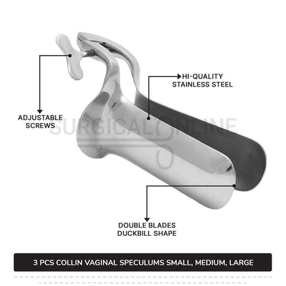 Set of 3 Pcs Collin Vaginal Speculum, Small, Medium, & Large OB/GYN
