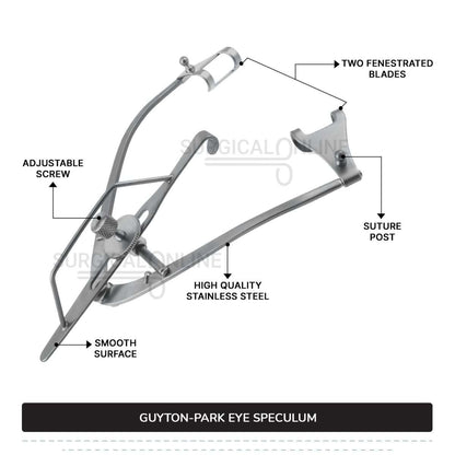 Guyton-Park Eye Speculum 3 1/2" (8.9 cm), Fenestrated Blades 14 mm wide, with Suture Posts Ophthalmic Instruments