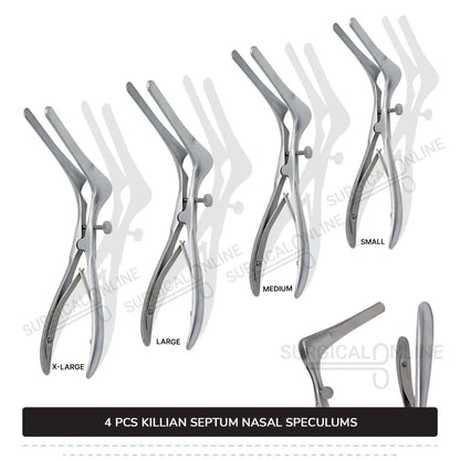 4 Pcs Killian Nasal Speculum Set Small, Medium, Large, & X-Large Rhinology