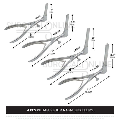 4 Pcs Killian Nasal Speculum Set Small, Medium, Large, & X-Large Rhinology