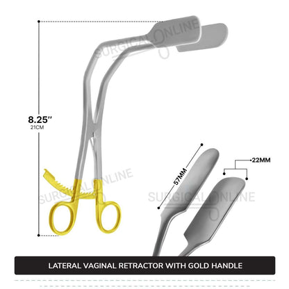 Lateral Vaginal Retractor 8 1/4" (21cm), With Extra Long Thumb Ratchet Retracts Up To A Full 2 1/4" (5.7cm) Gold Handle