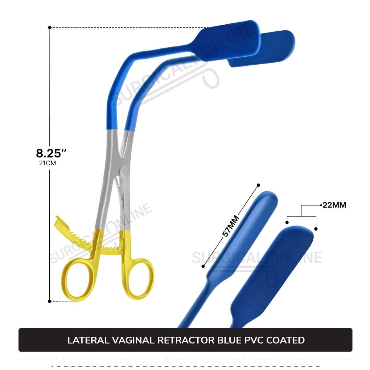 Lateral Vaginal Wall Retractor 8 1/4" (21cm) Long, Blue PVC Coated Non-Conductive Blades with Gold Long Ratchet Handle