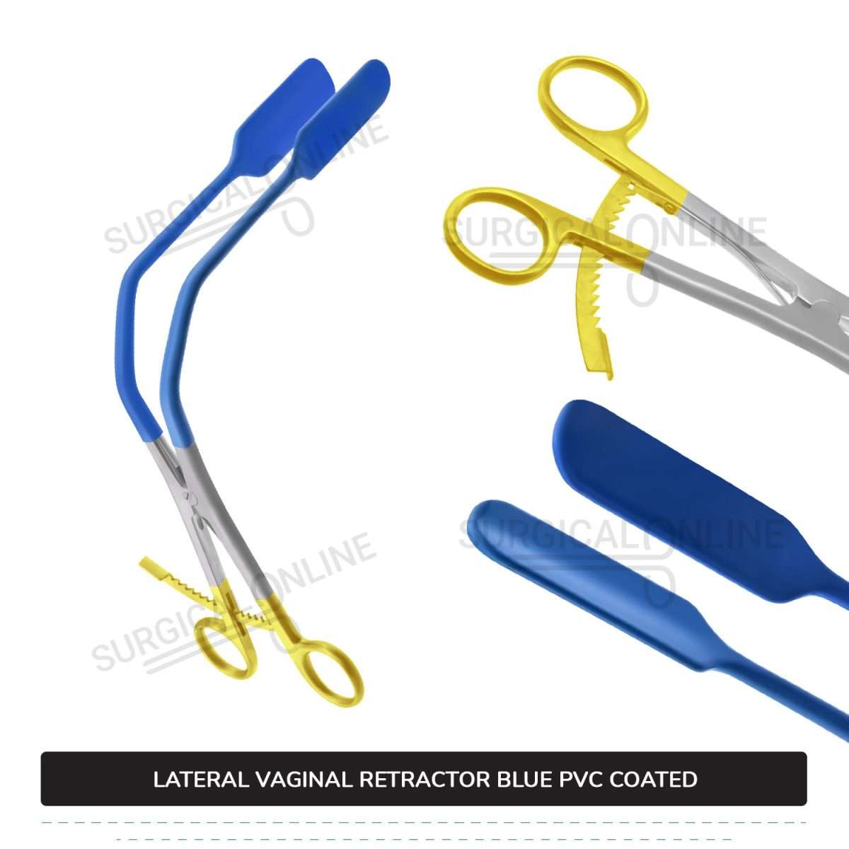 Lateral Vaginal Wall Retractor 8 1/4" (21cm) Long, Blue PVC Coated Non-Conductive Blades with Gold Long Ratchet Handle