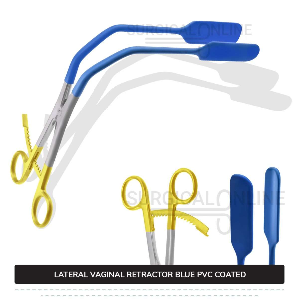 Lateral Vaginal Wall Retractor 8 1/4" (21cm) Long, Blue PVC Coated Non-Conductive Blades with Gold Long Ratchet Handle