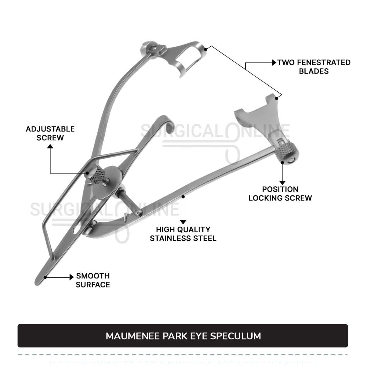 Maumenee-Park Eye Speculum 3 1/4″ (8.3 cm), Fenestrated Blades 14 mm wide, with Screw Lock Ophthalmic Instruments