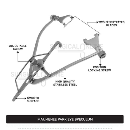 Maumenee-Park Eye Speculum 3 1/4″ (8.3 cm), Fenestrated Blades 14 mm wide, with Screw Lock Ophthalmic Instruments