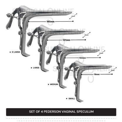 Set of 4 Pcs Pederson Vaginal Speculum Small, Medium, Large, & X-Large OB/Gyne Surgical