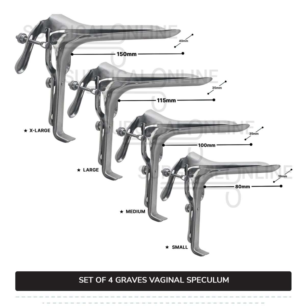 Set of 4 Pcs Grave Vaginal Speculum Small, Medium, Large, & X-Large OB/Gyne Surgical