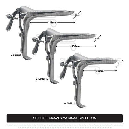 Set of 3 Pcs Grave Vaginal Speculum Small, Medium, & Large OB/Gyne Surgical