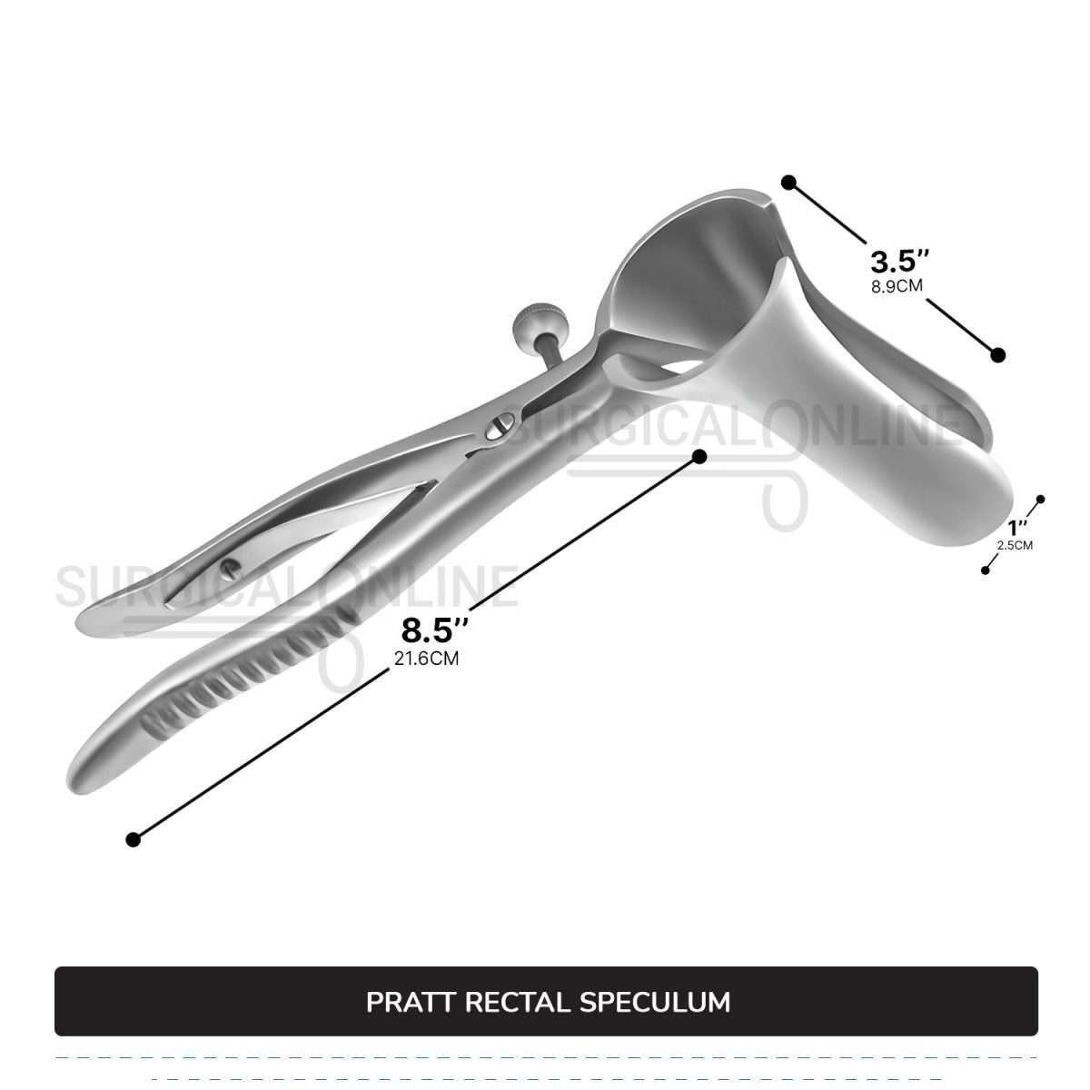 Pratt Rectal Speculum, 8 1/2" (21.6 cm) Long, With Set Screw, Blades 3 1/2" (8.9 cm) Long X 1" (2.5 cm) Wide
