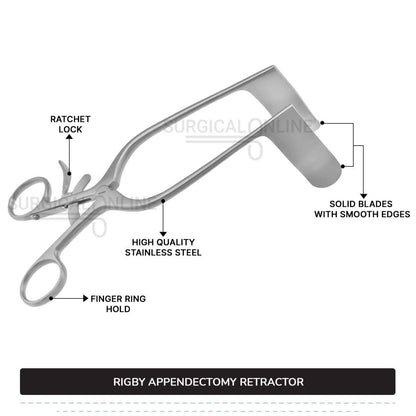 Rigby Appendectomy Retractor 7" (17.8 cm) Long, 7/9" (2 cm) x 2 3/4" (7cm) Blades With Grip Lock Handle